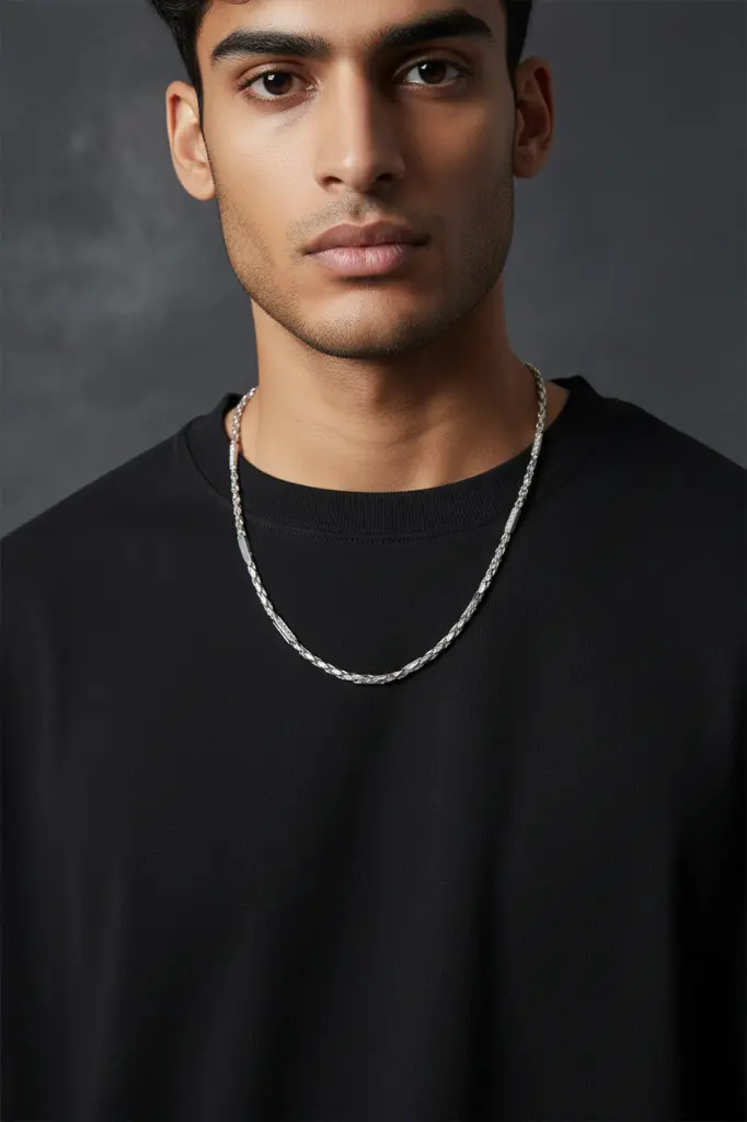Model Wearing Silver Diamond Choco Chain.webp
