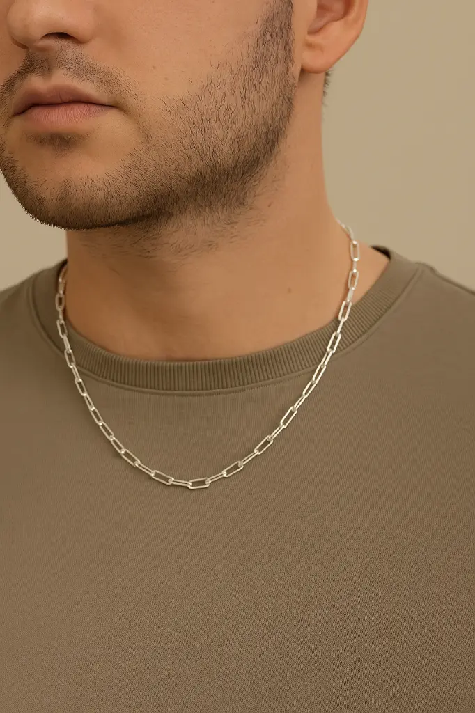 Model Close-Up of Silver Chain Necklace.webp