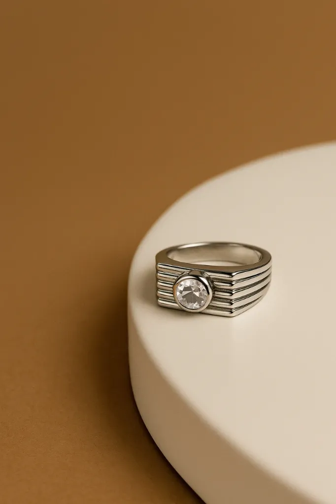 925 Men’s Single Diamond Silver Ring - Flat Solitaire Design