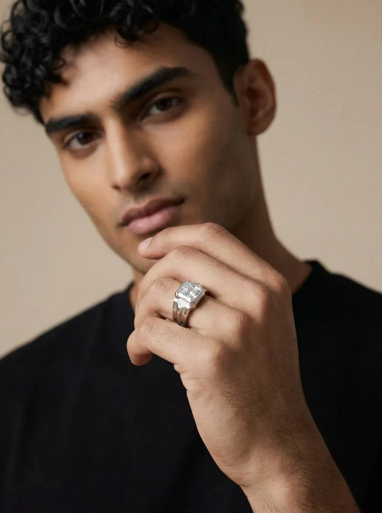 Silver Square Solitaire Ring Men (Virtual Model).webp