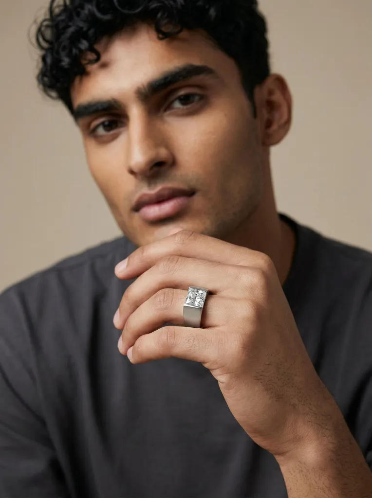 Silver Cubic Matt Solitaire Ring Men 2 (Virtual Model).webp