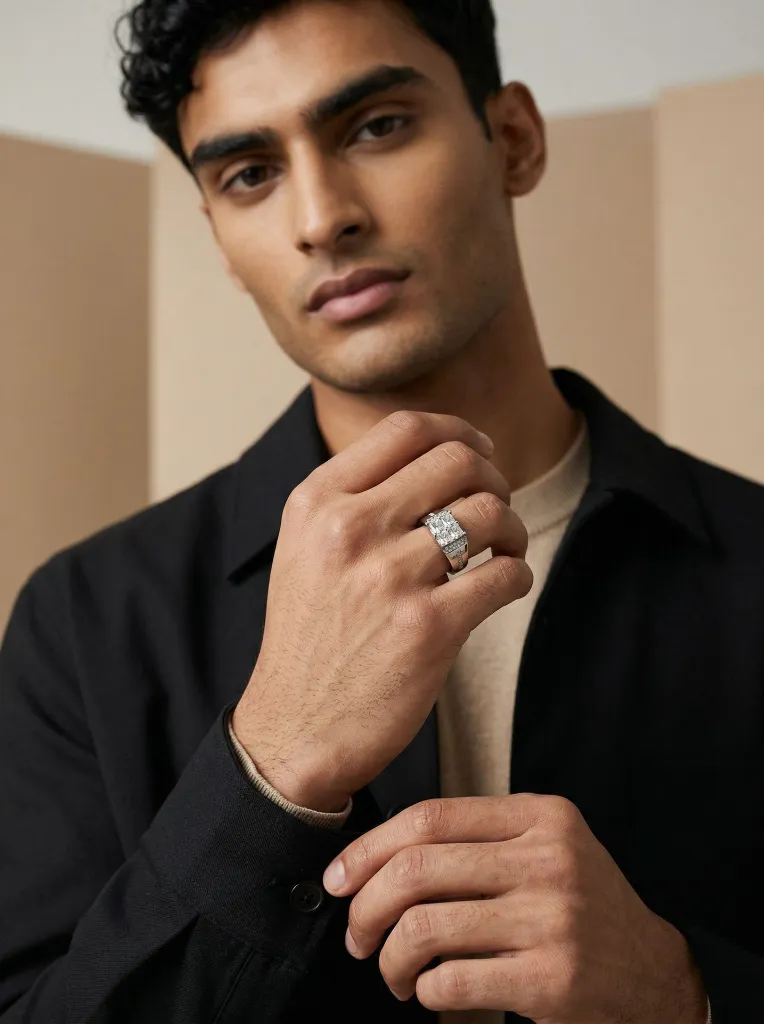 Silver 4 Stone Ring Men (Virtual Model).webp