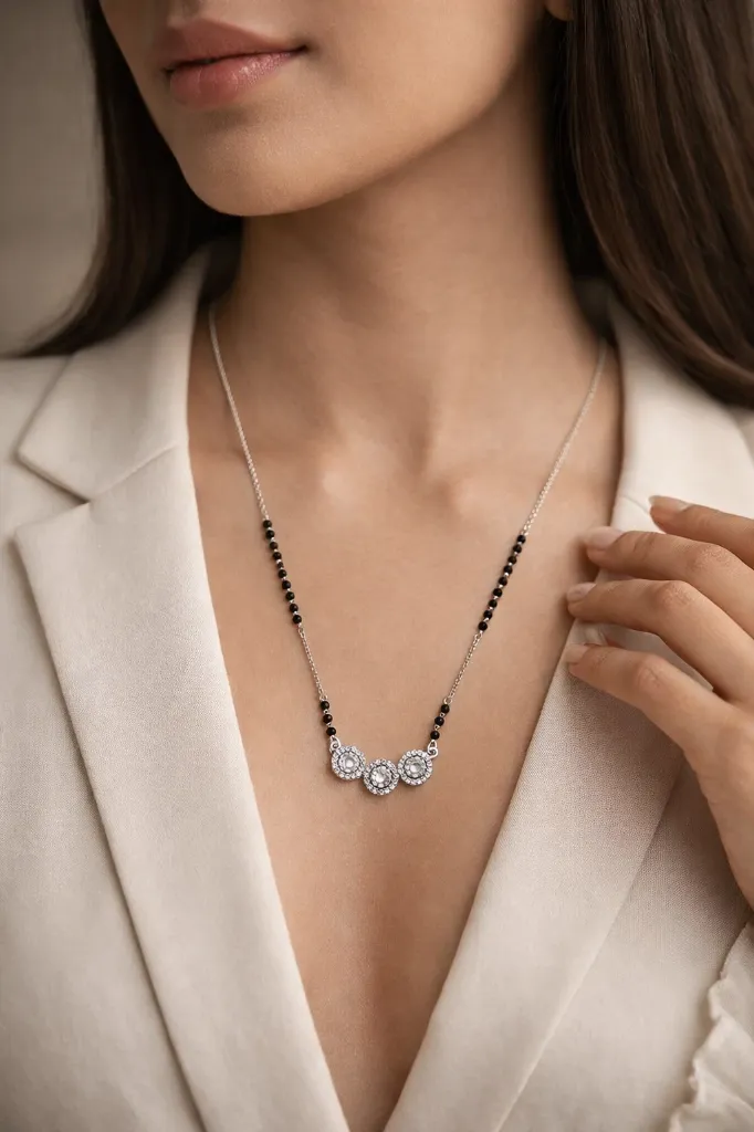 Silver Stylish Diamond Mangalsutra with Pendant.webp