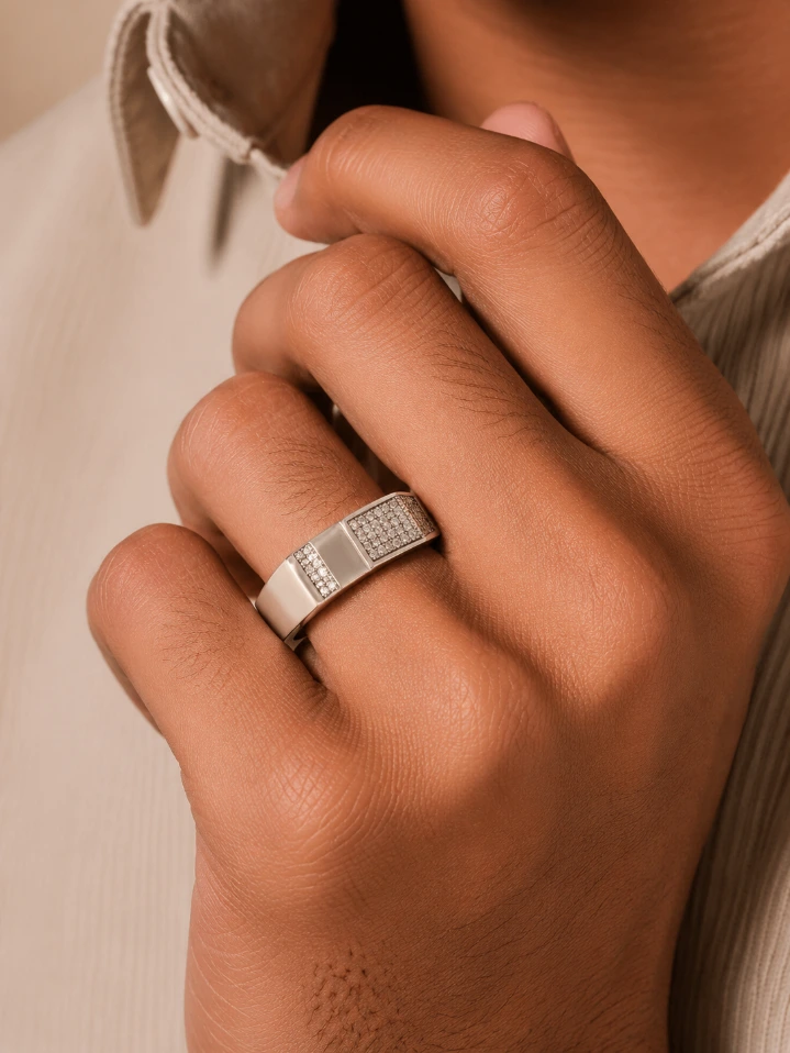 Silver Flat Designer Ring Men close shot.webp