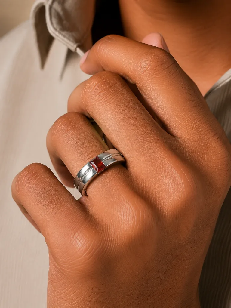 Silver Ruby Band Ring for Men Close Shot.webp