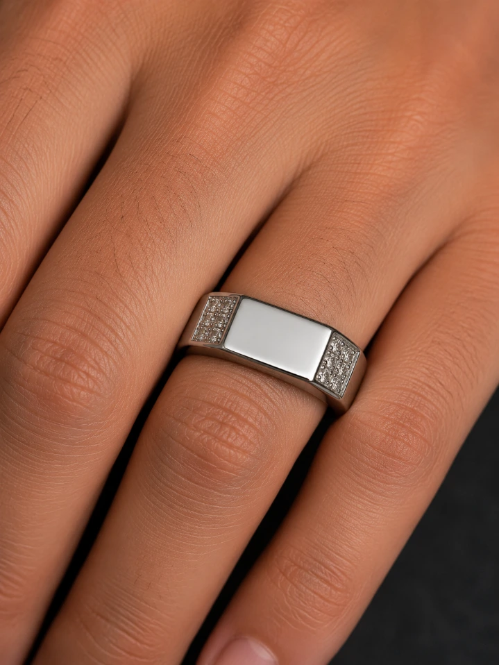 Silver Flat Diamond Ring Close Lifestyle Shot.webp
