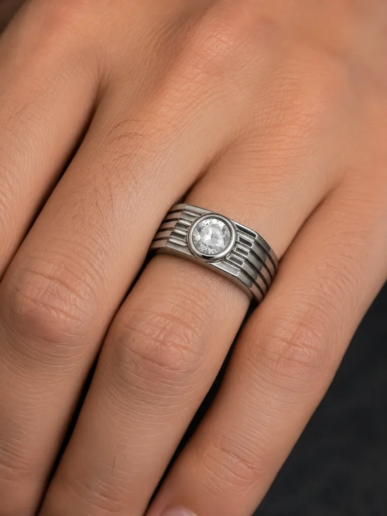 Silver Flat Round Solitaire Ring Close Lifestyle Shot.webp