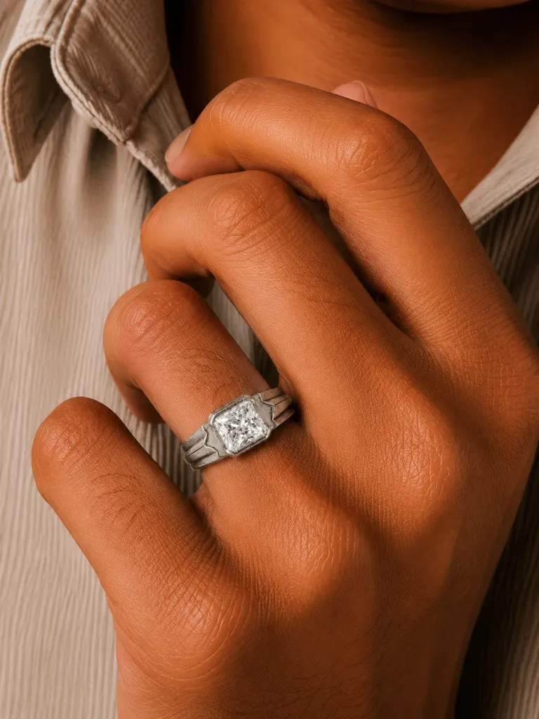 Silver Square Solitaire Ring Close Lifestyle Shot.webp