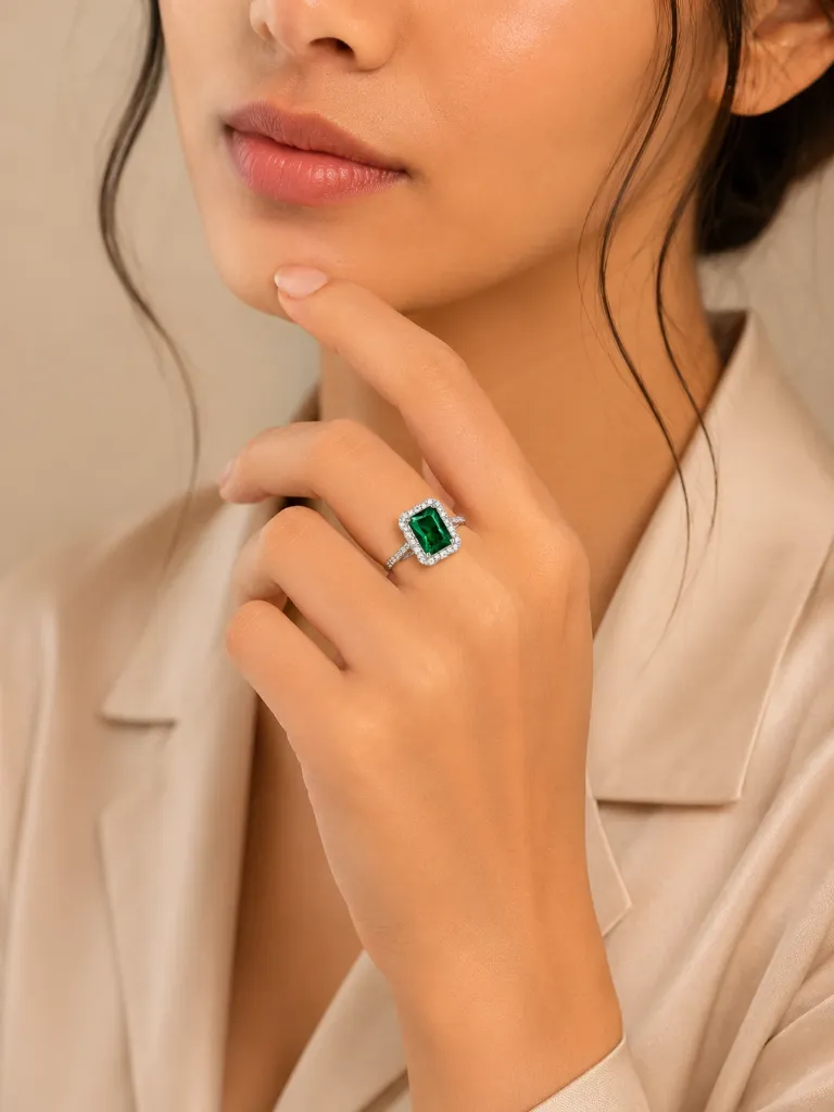 Emerald Stone Silver Ring for Women