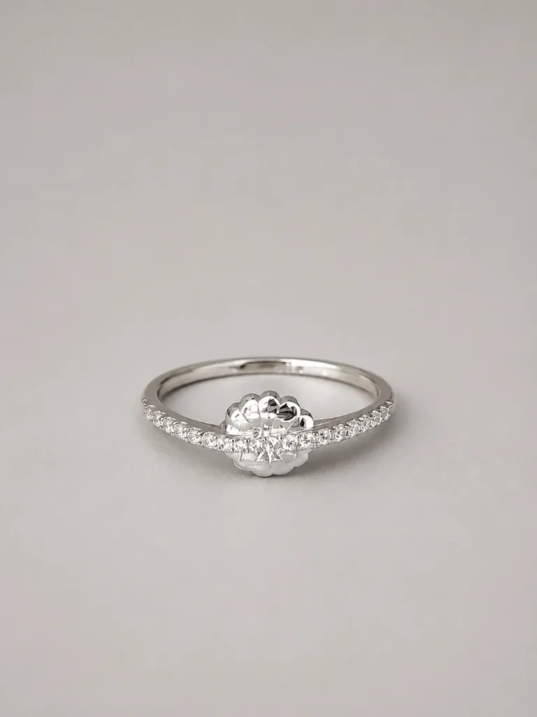 Sterling Silver Flower Ring with Diamond Touch for Woman– Elegant Party Essential