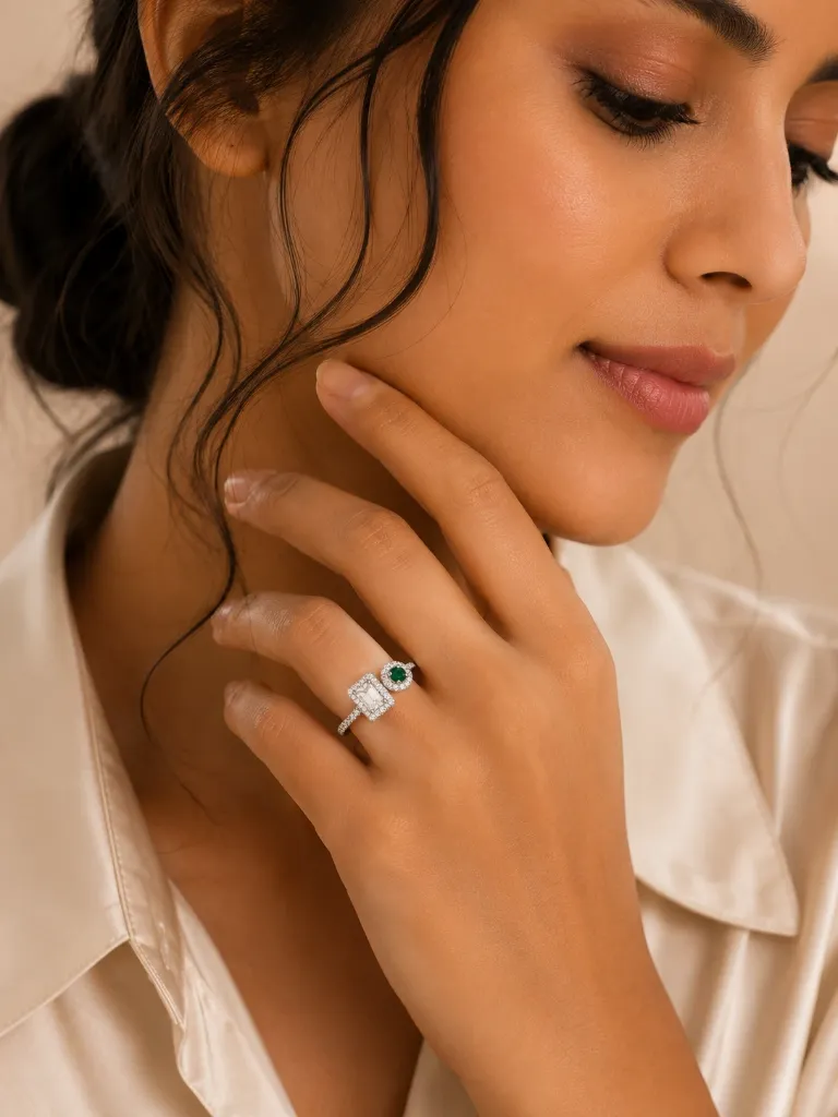 Emerald Solitaire Halo Ring for Woman