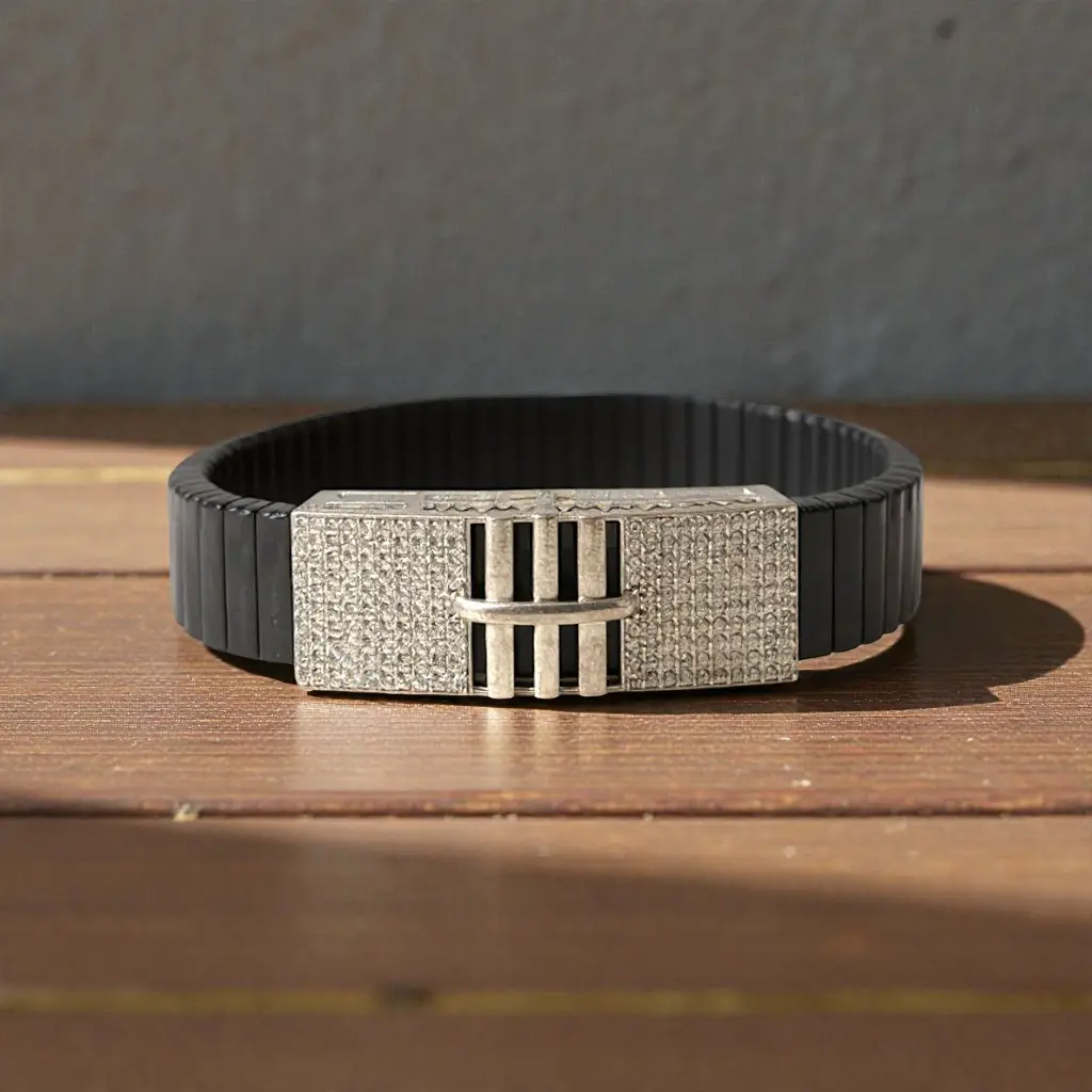 Minimal Black Silver Kada for Men – Stretchable Silicone Band