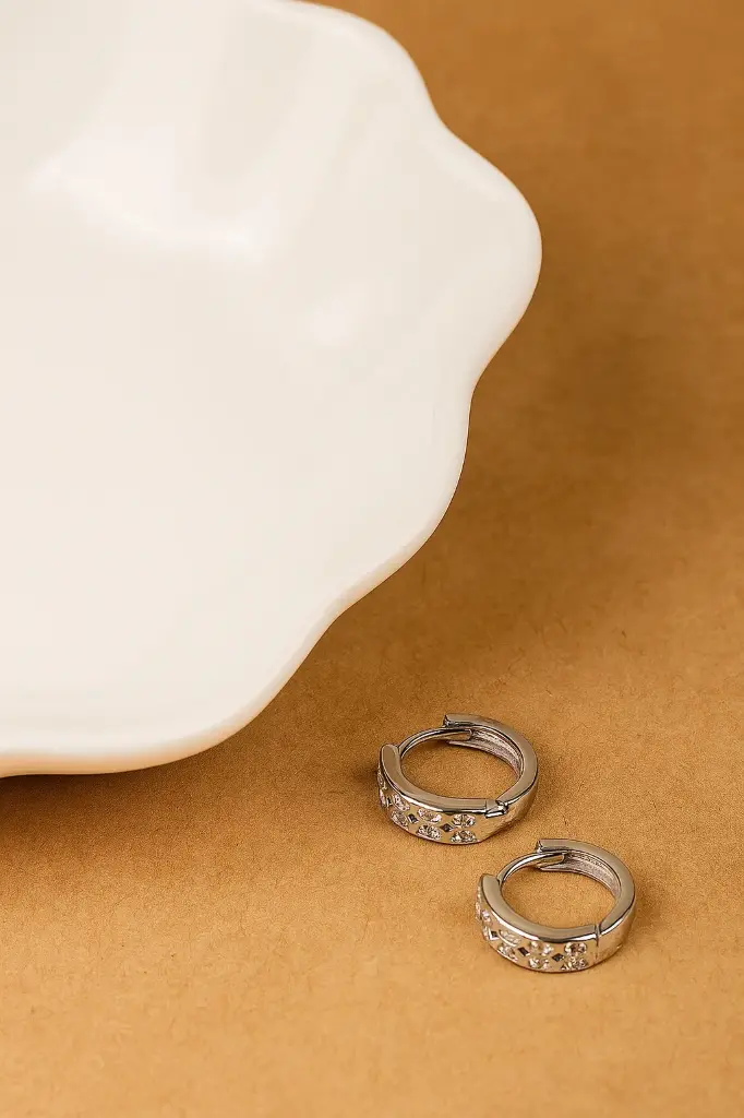 Small Diamond Silver Bali Earrings