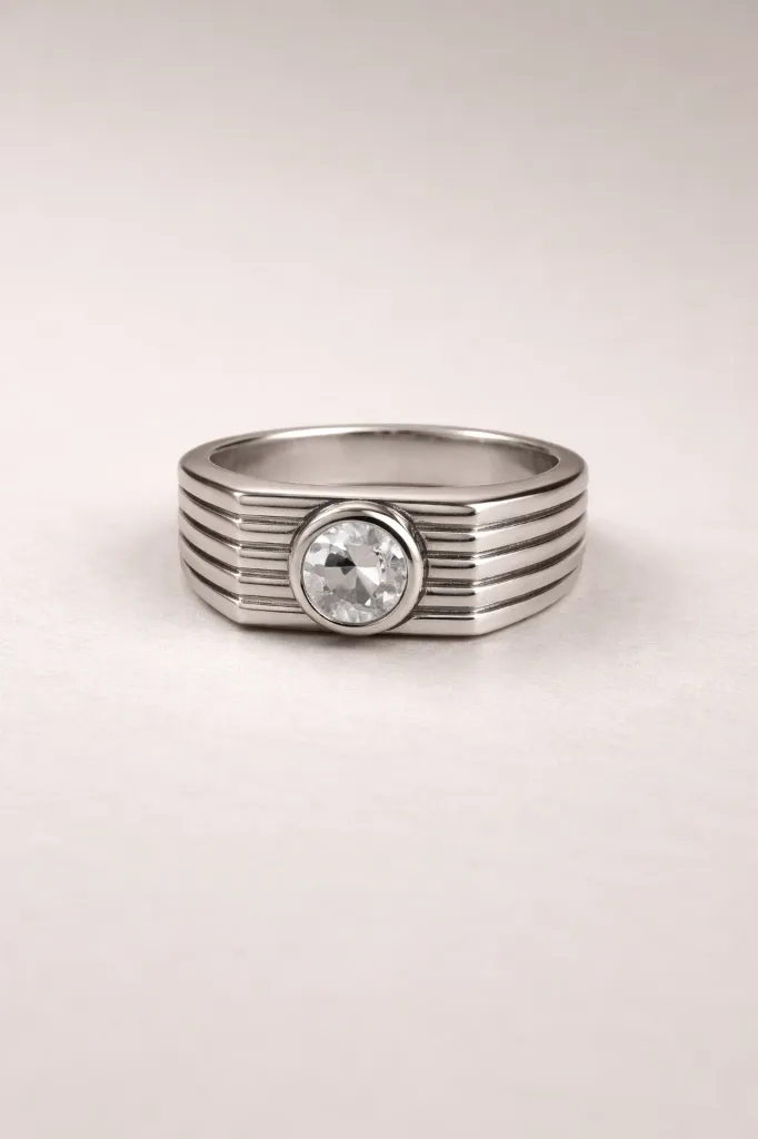 925 Men’s Simple Diamond Silver Ring - Flat Solitaire Design
